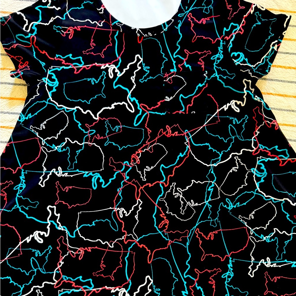 LuLaRoe Black Dress with Red and Blue Map Print